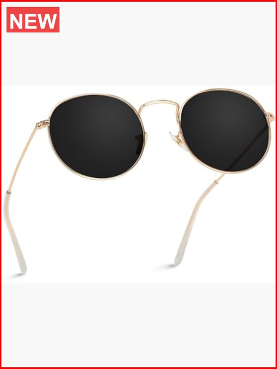 Gold Frame Black Lens Round Polarized Sunglasses with UV Protection main image 7